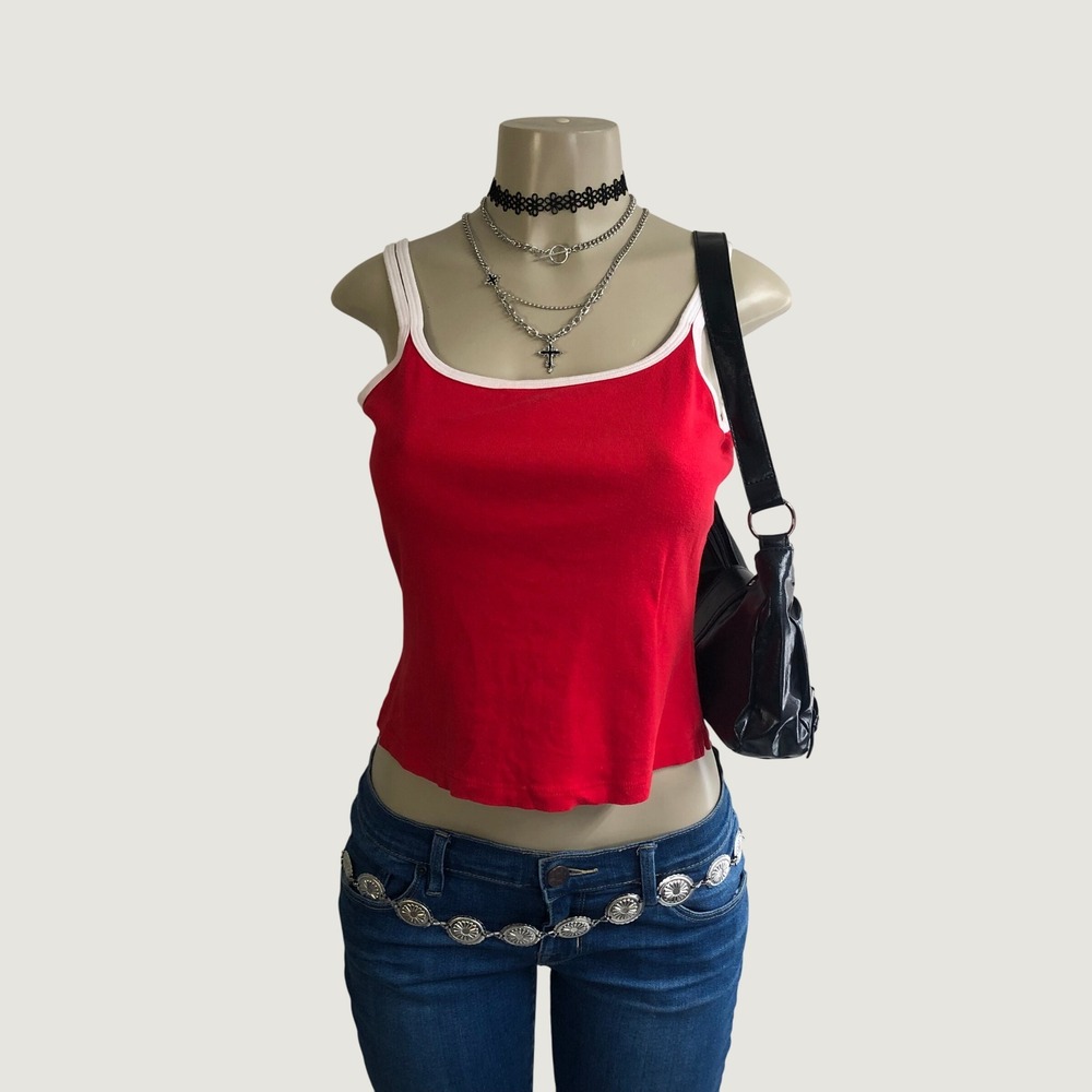 Vintage Y2K Red White Contrast Trim Ringer Tank Top Womens L Downtown Girl